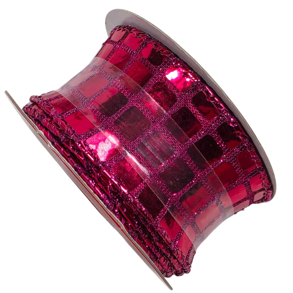 Disco Ball Mosaic Grid Wired Edge Ribbon Lot 9 Spools 49 Yds Red Silver Pink - Picture 4 of 6